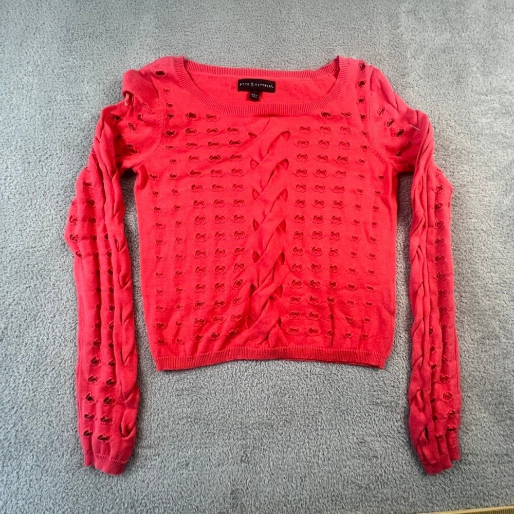 Distressed Knit Sweater Womens XS Coral Pink Cropped Braided Grunge Y2K‎ Cotton
